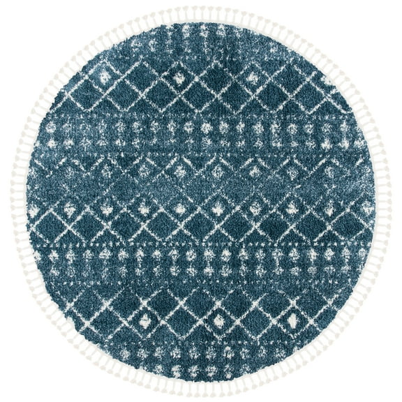 SAFAVIEH Berber Fringe Nathan Aztec Shag Area Rug, Cream/Blue, 6'7" x 6'7" Round