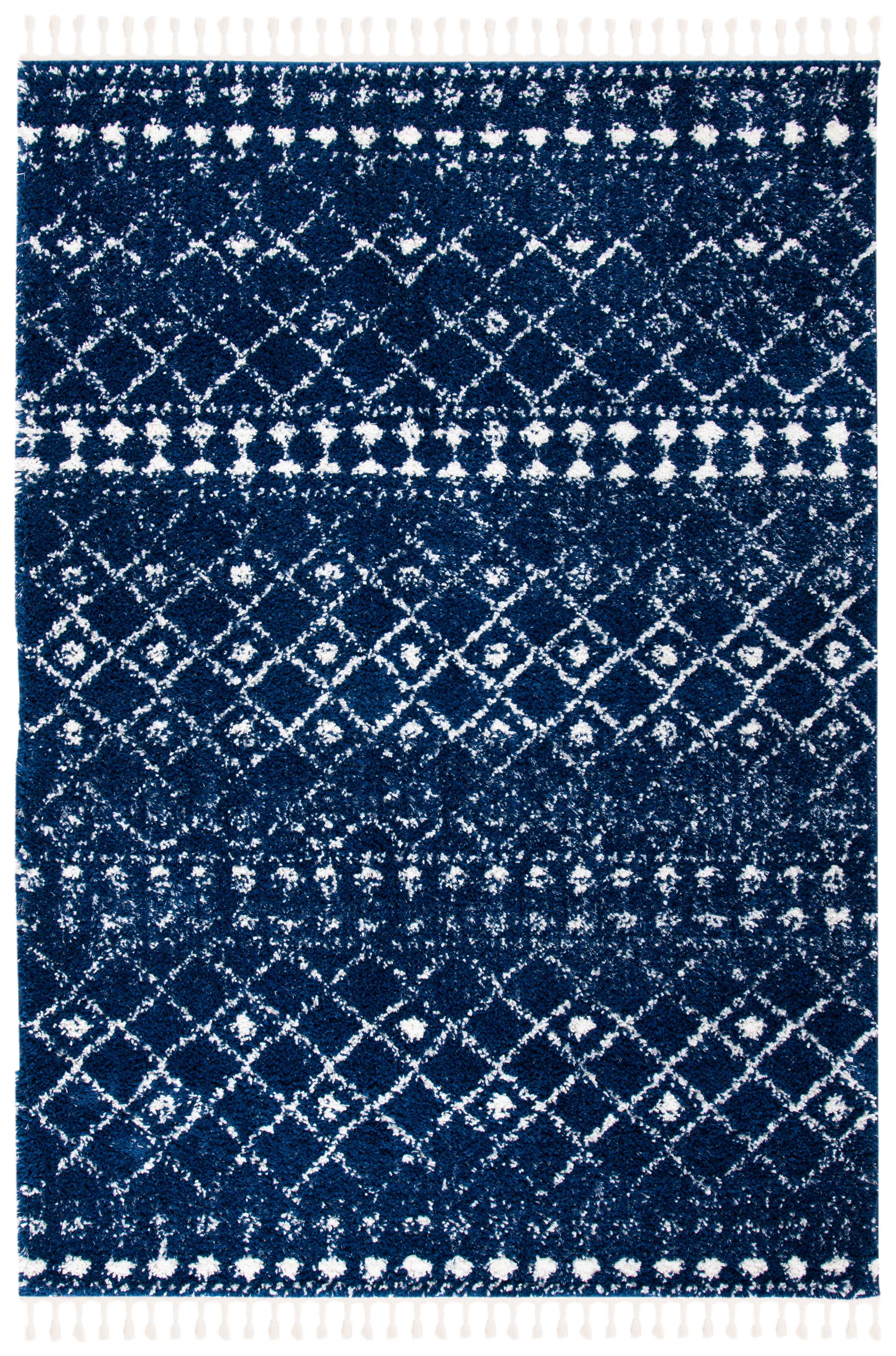 Dark Blue and Ivory Synthetic Shag Area Rug, 6'7" x 9'