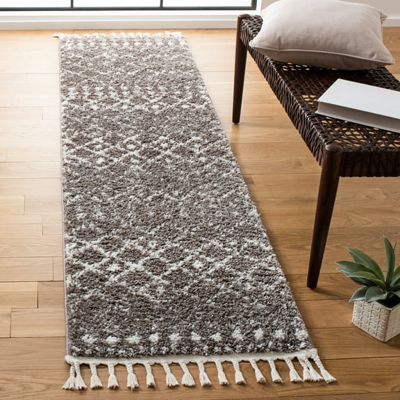 SAFAVIEH Berber Fringe Nathan Aztec Shag Runner Rug, Brown/Ivory, 2'2" x 8'