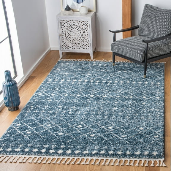 SAFAVIEH Berber Fringe Nathan Aztec Shag Area Rug, Blue/Ivory, 3'3" x 5'3"