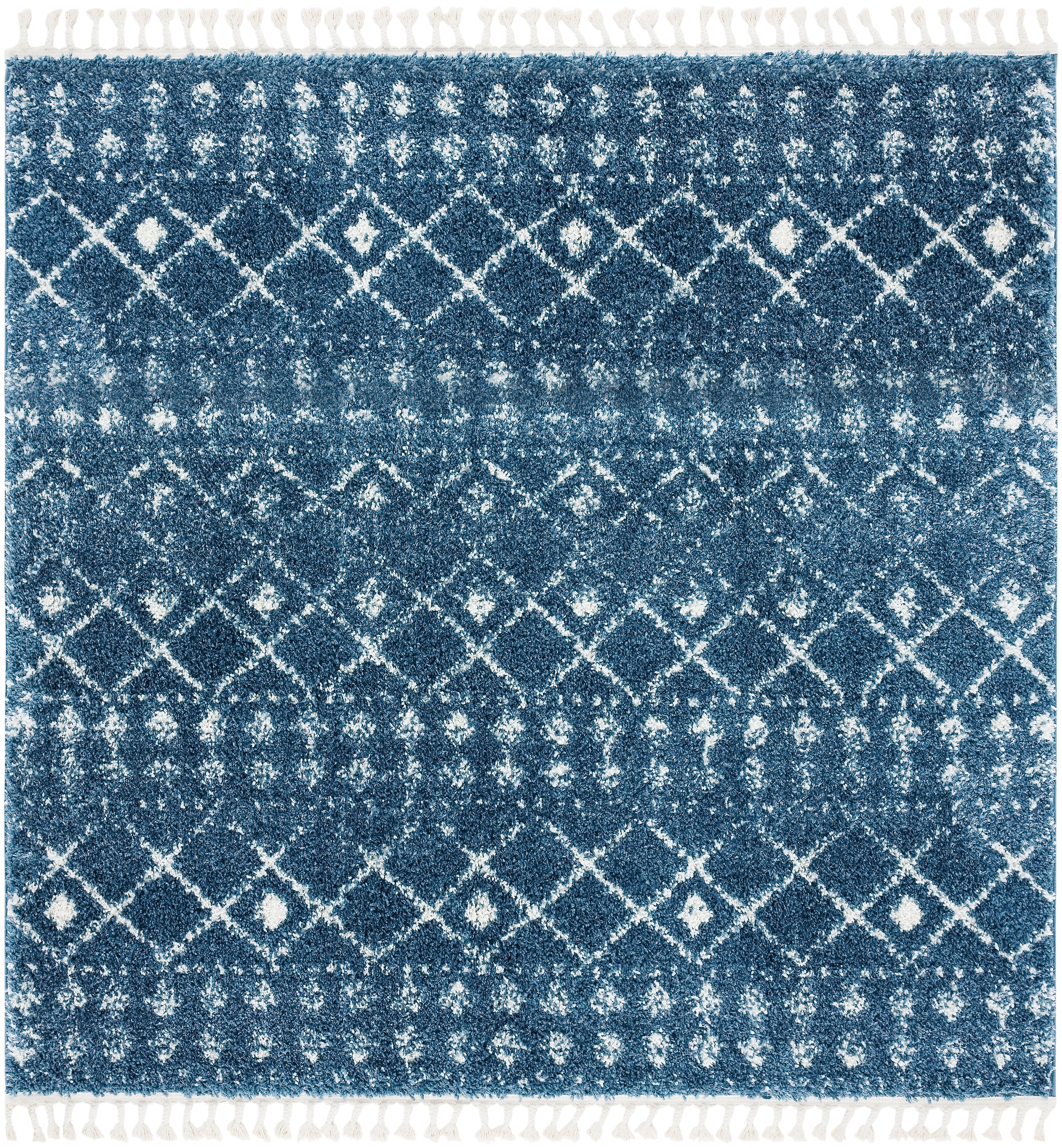 Square Blue and Ivory Synthetic Shag Area Rug