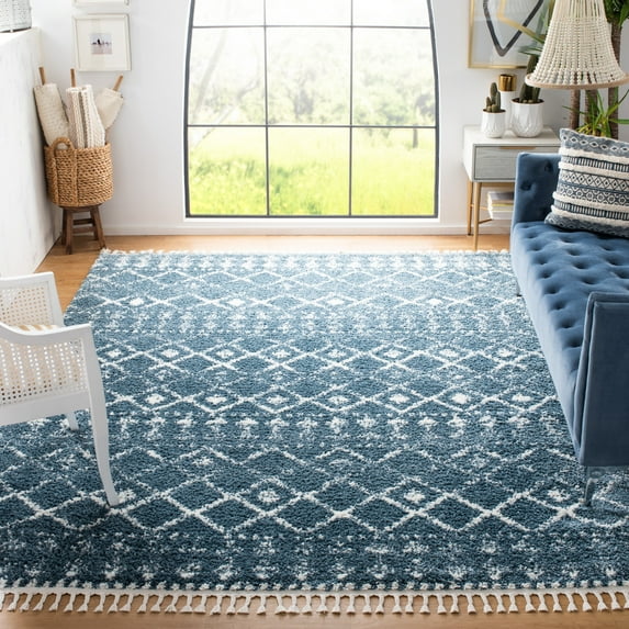 SAFAVIEH Berber Fringe Nathan Aztec Shag Area Rug, Blue/Ivory, 6'7" x 6'7" Square