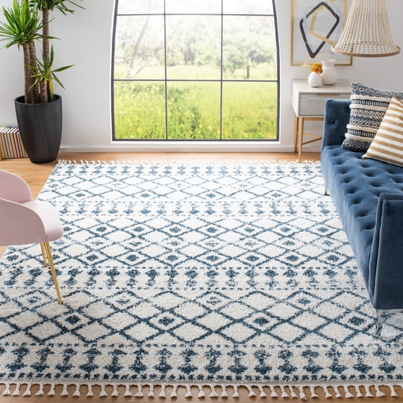 SAFAVIEH Berber Fringe Nathan Aztec Shag Area Rug, Cream/Blue, 9'10" x 14'