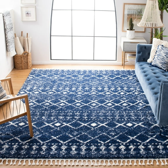 SAFAVIEH Berber Fringe Nathan Aztec Shag Area Rug, Dark Blue/Ivory, 8' x 10'