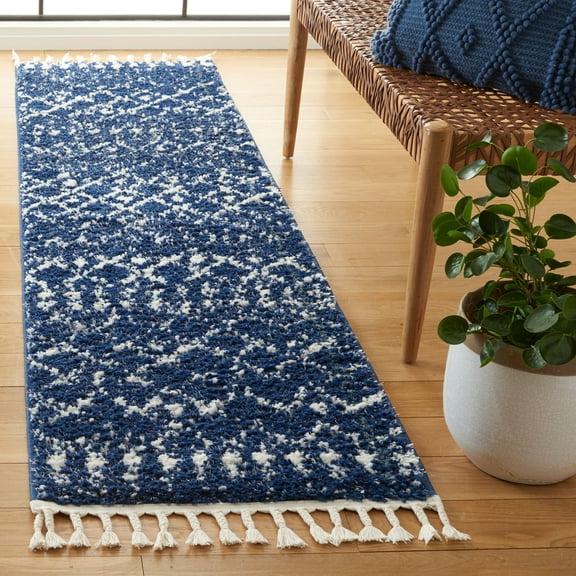 SAFAVIEH Berber Fringe Nathan Aztec Shag Runner Rug, Dark Blue/Ivory, 2'2" x 8'