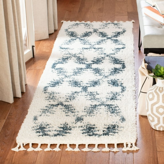 SAFAVIEH Berber Fringe Amable Geometric Shag Runner Rug, Cream/Blue, 2'2" x 12'