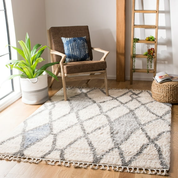 SAFAVIEH Berber Fringe Amyas Geometric Shag Area Rug, Cream/Blue, 6' x 9'