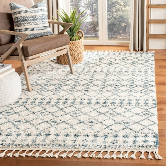 SAFAVIEH Berber Fringe Nathan Aztec Shag Area Rug, Cream/Blue, 4' x 6'