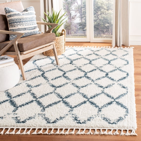 SAFAVIEH Berber Fringe Amable Geometric Shag Area Rug, Cream/Blue, 5' x 7'
