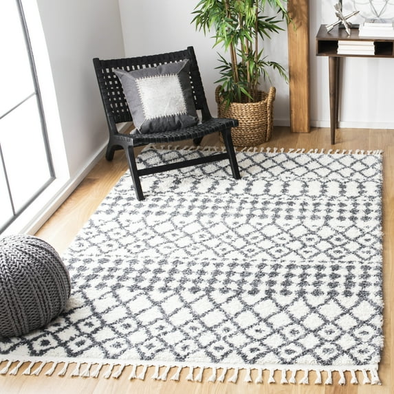 SAFAVIEH Berber Fringe Sunny Aztec Shag Area Rug, Ivory/Dark Gray, 3'3" x 5'3"