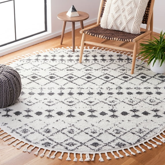 SAFAVIEH Berber Fringe Vinal Aztec Shag Area Rug, Cream/Dark Gray, 3' x 3' Round