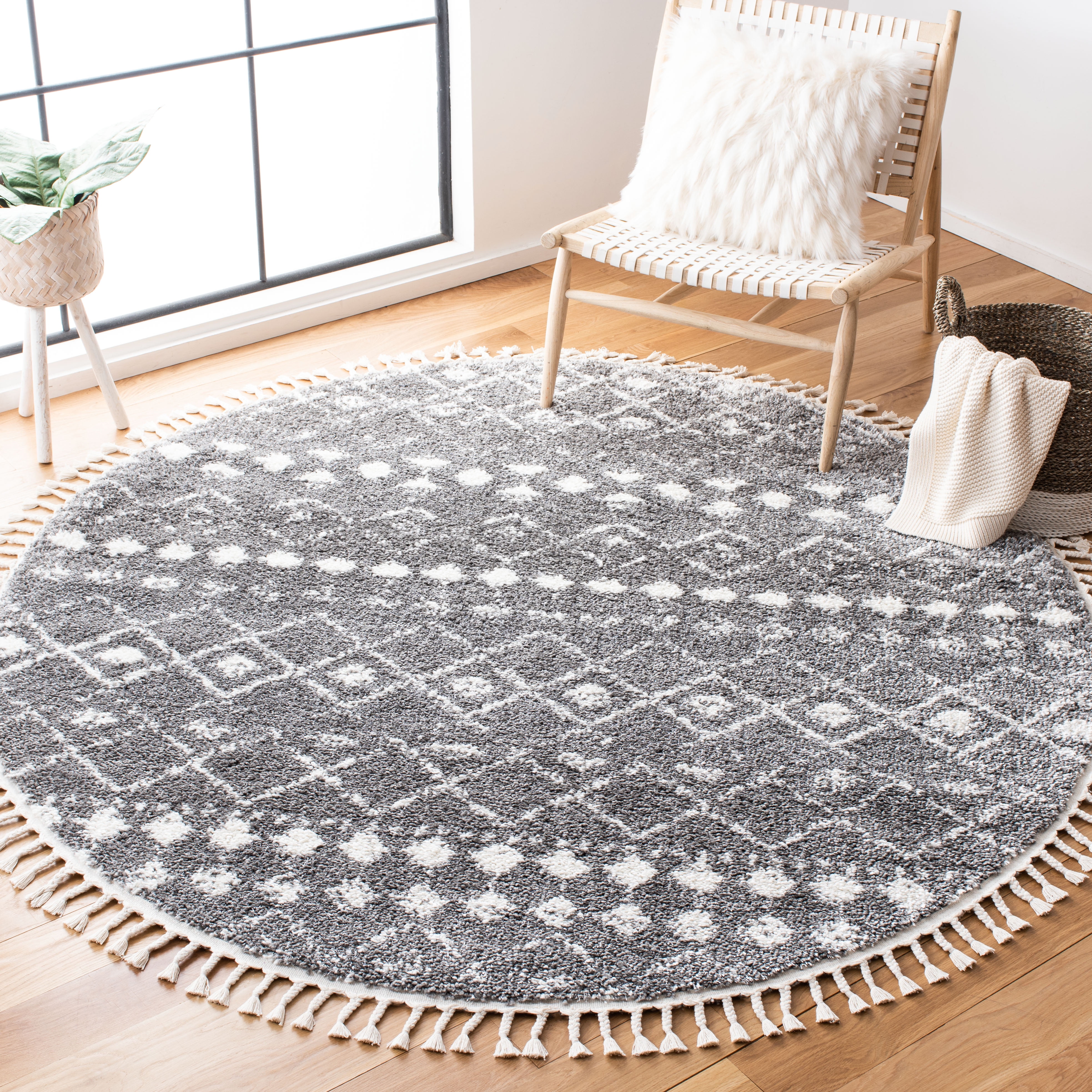 SAFAVIEH Berber Fringe Vinal Aztec Shag Area Rug, Gray/Ivory, 3' x 3 ...