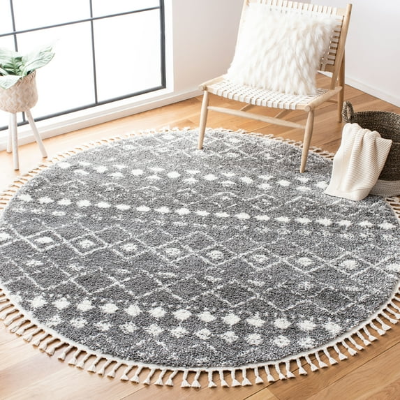 SAFAVIEH Berber Fringe Vinal Aztec Shag Area Rug, Gray/Ivory, 3' x 3' Round