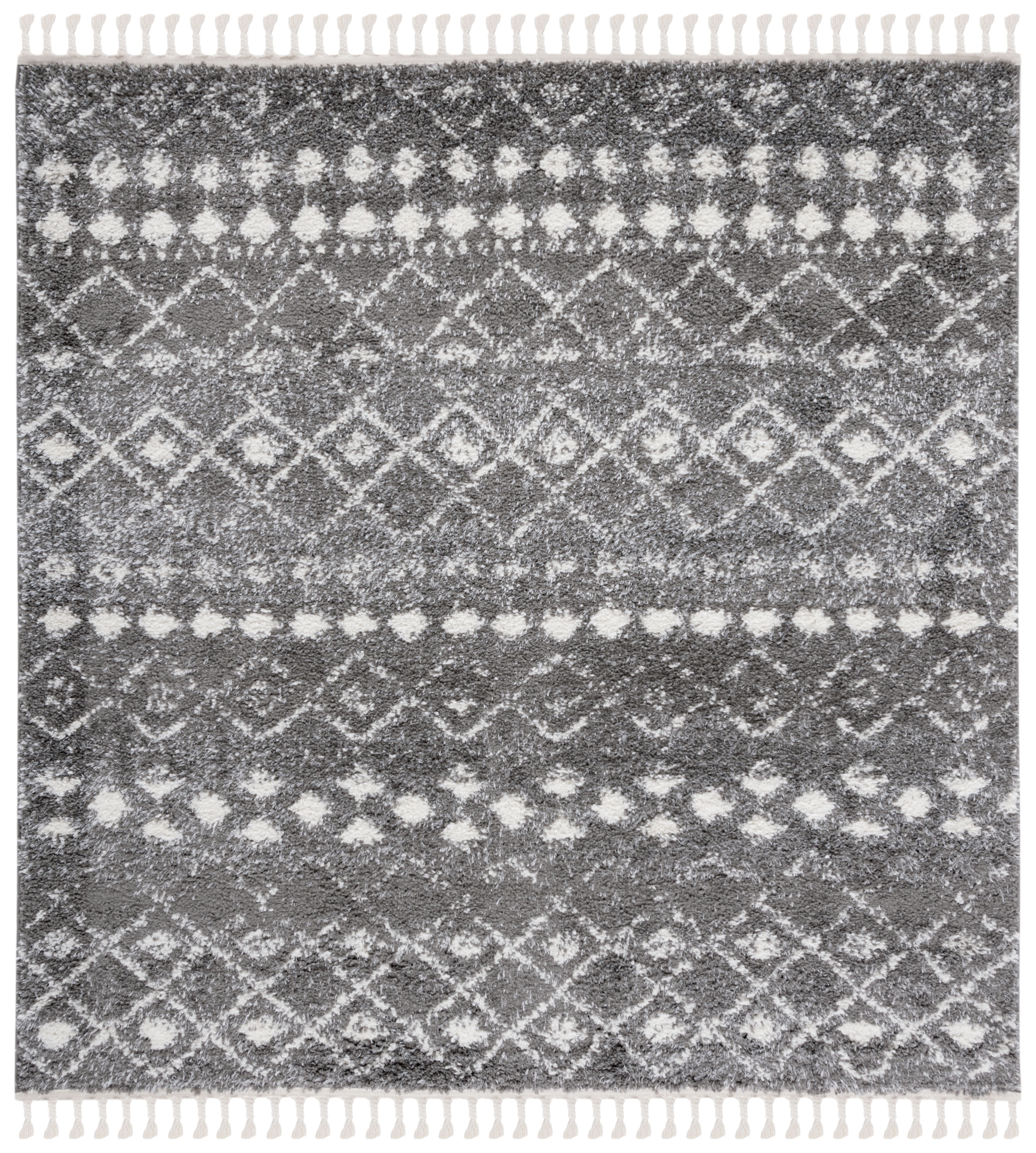 Gray Square Hand-Knotted Shag Area Rug with Fringe Detail