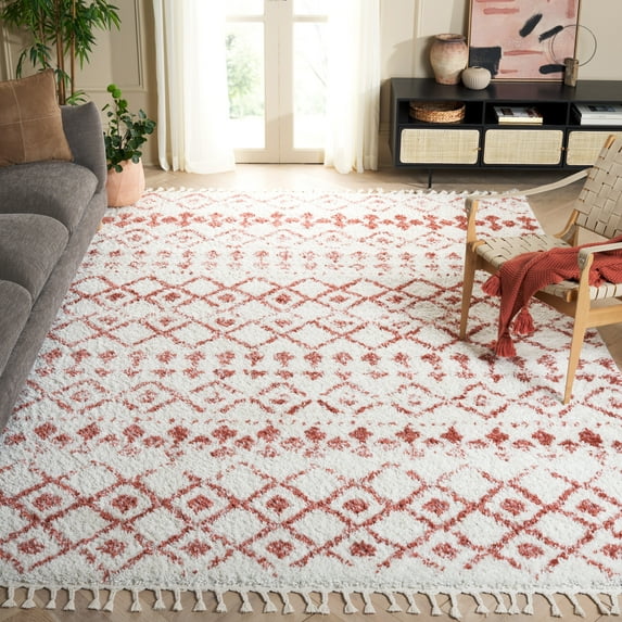 SAFAVIEH Berber Fringe Vinal Aztec Shag Area Rug, Ivory/Rust, 6'7" x 6'7" Square