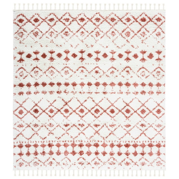 SAFAVIEH Berber Fringe Shag Vinal Aztec Area Rug, Ivory/Rust, 6'7" x 6'7" Square