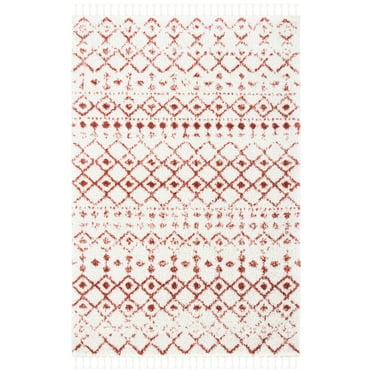 SAFAVIEH Berber Fringe Shag Vinal Aztec Area Rug, Ivory/Rust, 6'7" x 9'