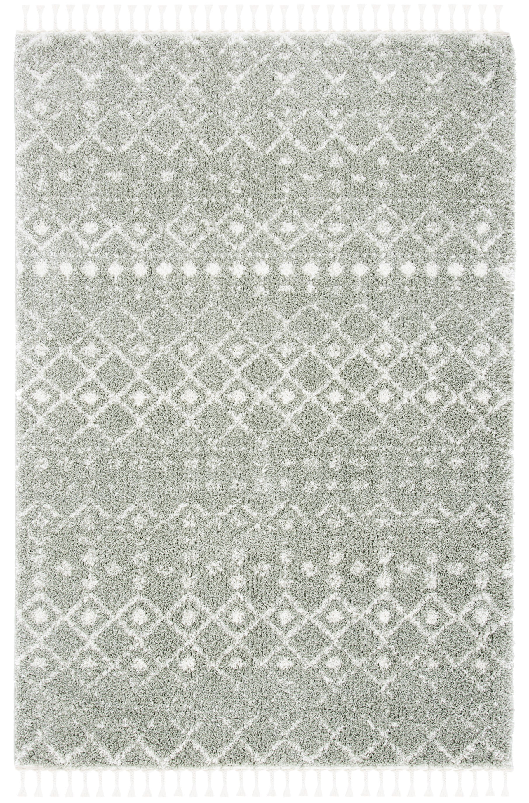 Sage and Ivory Synthetic Shag Rug with Fringe Detail