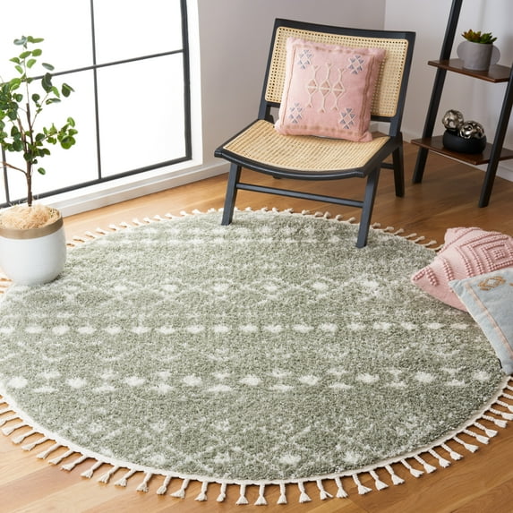 SAFAVIEH Berber Fringe Vinal Aztec Shag Area Rug, Sage/Ivory, 6'7" x 6'7" Round