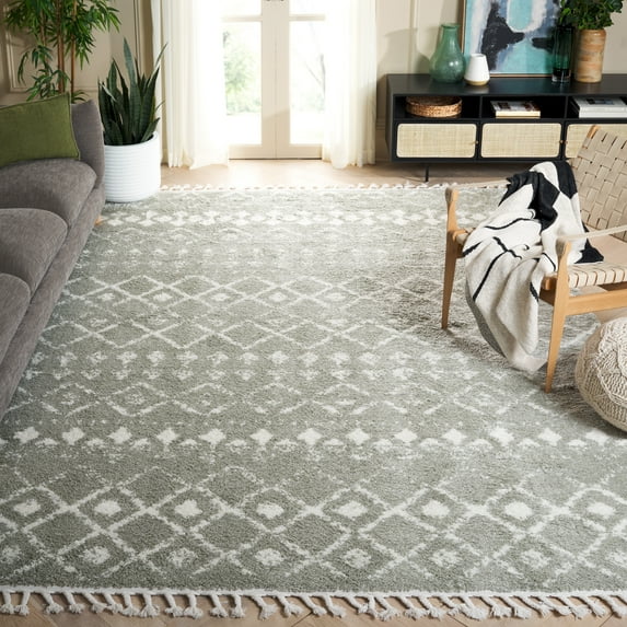 SAFAVIEH Berber Fringe Vinal Aztec Shag Area Rug, Sage/Ivory, 8' x 10'