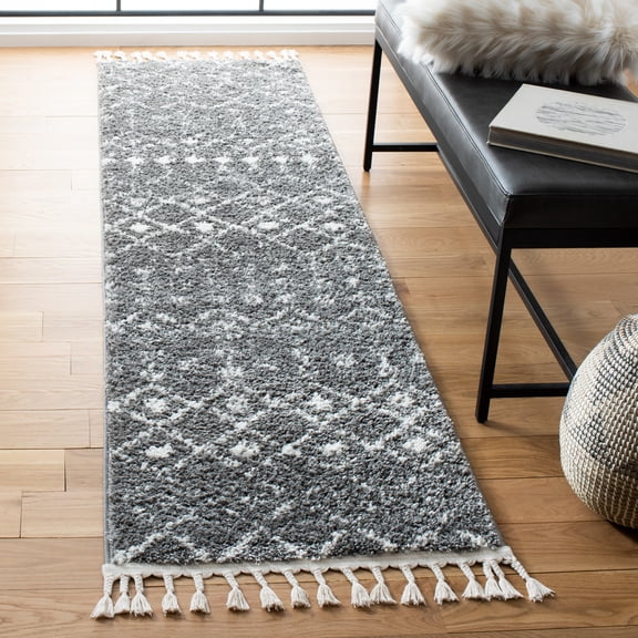 SAFAVIEH Berber Fringe Vinal Aztec Shag Runner Rug, Gray/Ivory, 2'2" x 14'