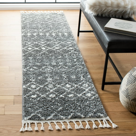 SAFAVIEH Berber Fringe Vinal Aztec Shag Runner Rug, Gray/Ivory, 2'2" x 6'