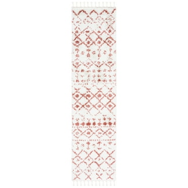 SAFAVIEH Berber Fringe Shag Vinal Aztec Runner Rug, Ivory/Rust, 2'2" x 8'