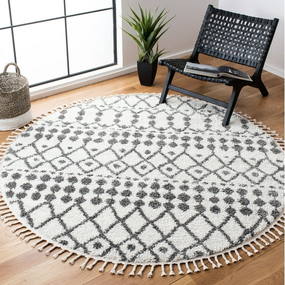 SAFAVIEH Berber Fringe Sunny Aztec Shag Area Rug, Ivory/Dark Gray, 6'7" x 6'7" Round
