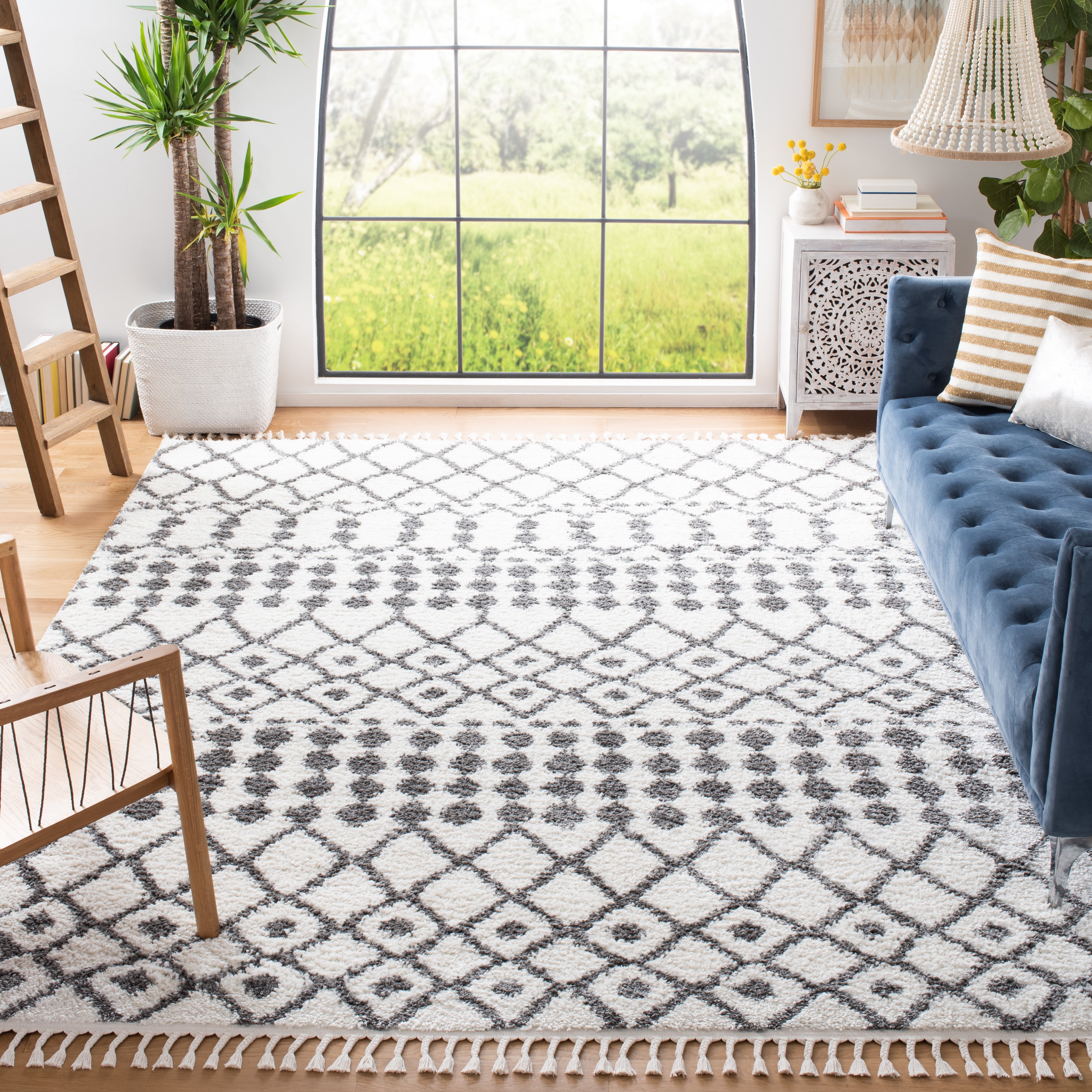 SAFAVIEH Berber Fringe Sunny Aztec Shag Area Rug, Ivory/Dark Gray, 9' x 12'