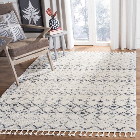 SAFAVIEH Berber Fringe Vinal Aztec Shag Area Rug, Cream/Dark Gray, 5' x 5' Square