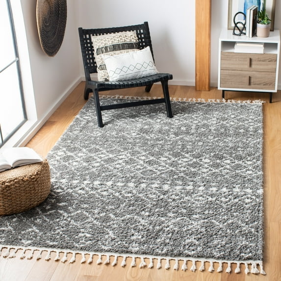 SAFAVIEH Berber Fringe Vinal Aztec Shag Area Rug, Gray/Ivory, 4' x 6'