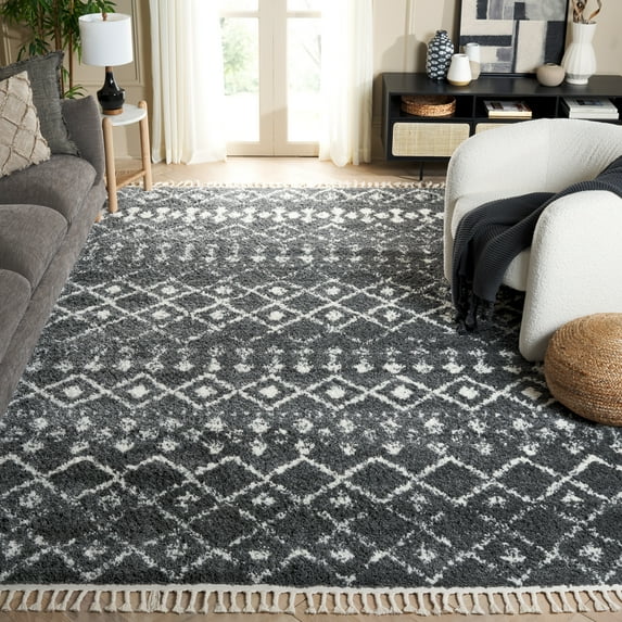SAFAVIEH Berber Fringe Vinal Aztec Shag Area Rug, Gray/Ivory, 6'7" x 6'7" Square