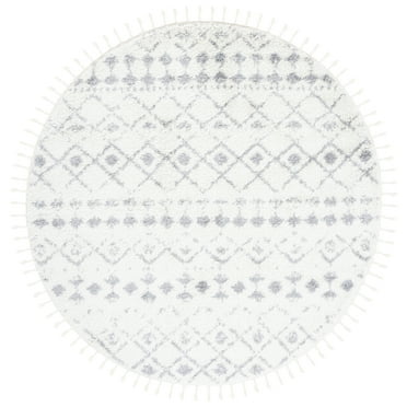 SAFAVIEH Berber Fringe Vinal Aztec Shag Area Rug, Ivory/Grey, 6'7" x 6'7" Round
