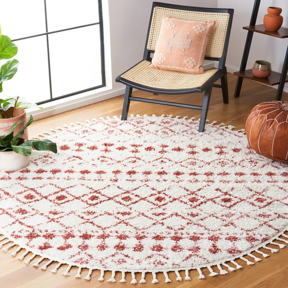 SAFAVIEH Berber Fringe Vinal Aztec Shag Area Rug, Ivory/Rust, 6'7" x 6'7" Round
