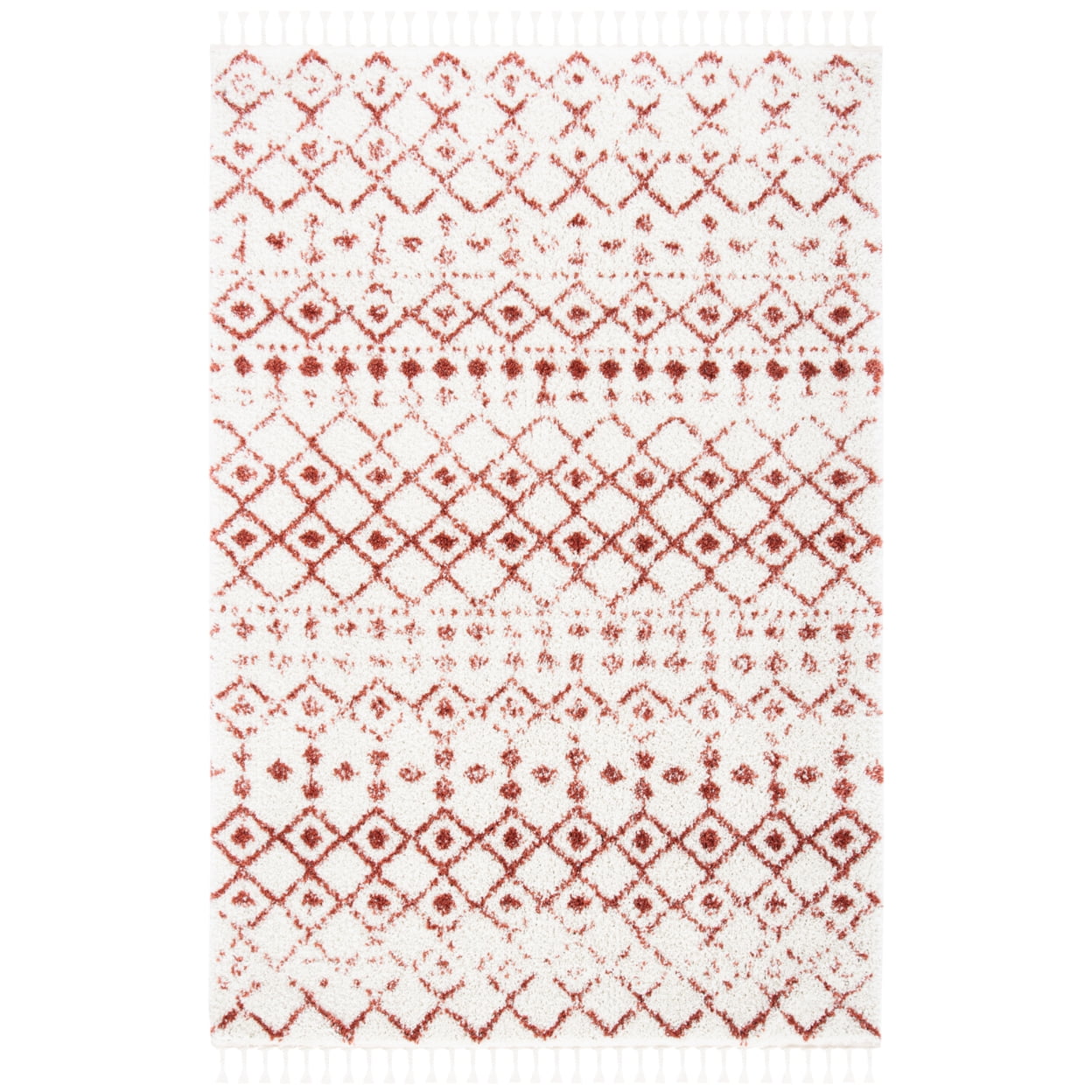 Ivory and Rust Synthetic Shag Area Rug with Fringe, 8' x 10'
