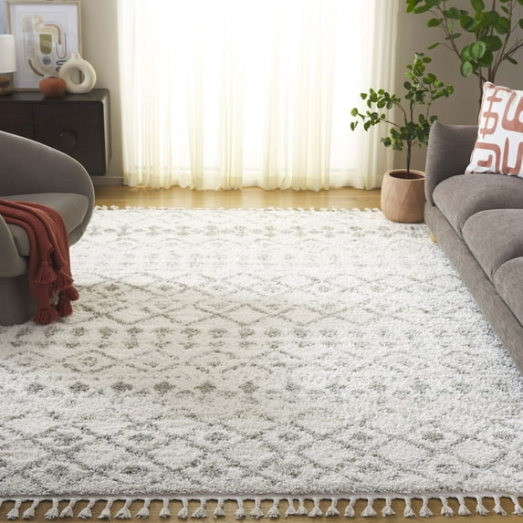 SAFAVIEH Berber Fringe Vinal Aztec Shag Area Rug, Ivory/Sage, 6'7" x 6'7" Square