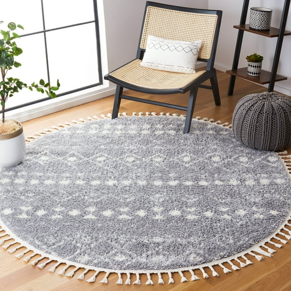 SAFAVIEH Berber Fringe Vinal Aztec Shag Area Rug, Light Gray/Ivory, 6'7" x 6'7" Round