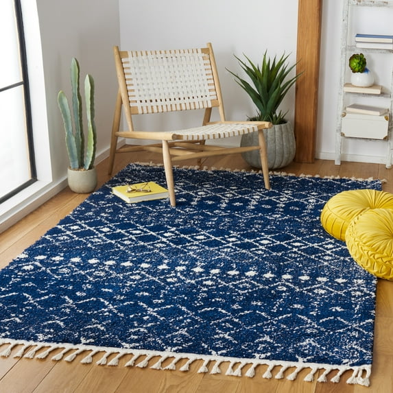 SAFAVIEH Berber Fringe Vinal Aztec Shag Area Rug, Navy/Ivory, 5'3" x 7'6"