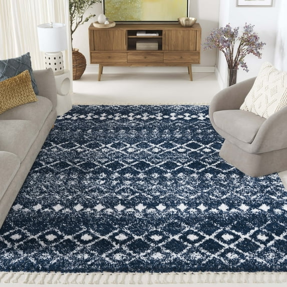 SAFAVIEH Berber Fringe Vinal Aztec Shag Area Rug, Navy/Ivory, 6'7" x 6'7" Square