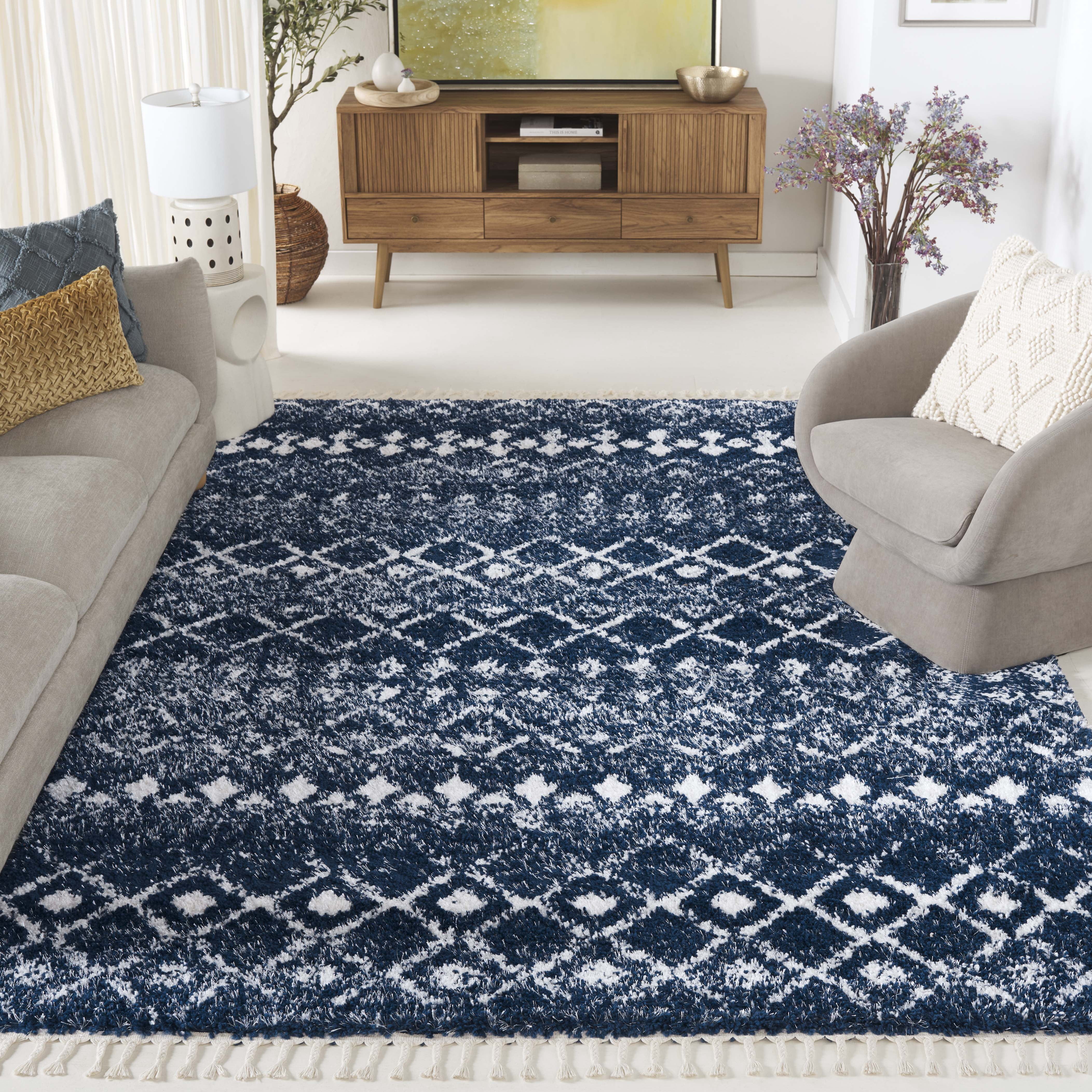 SAFAVIEH Berber Fringe Vinal Aztec Shag Area Rug, Navy/Ivory, 8' x 10 ...
