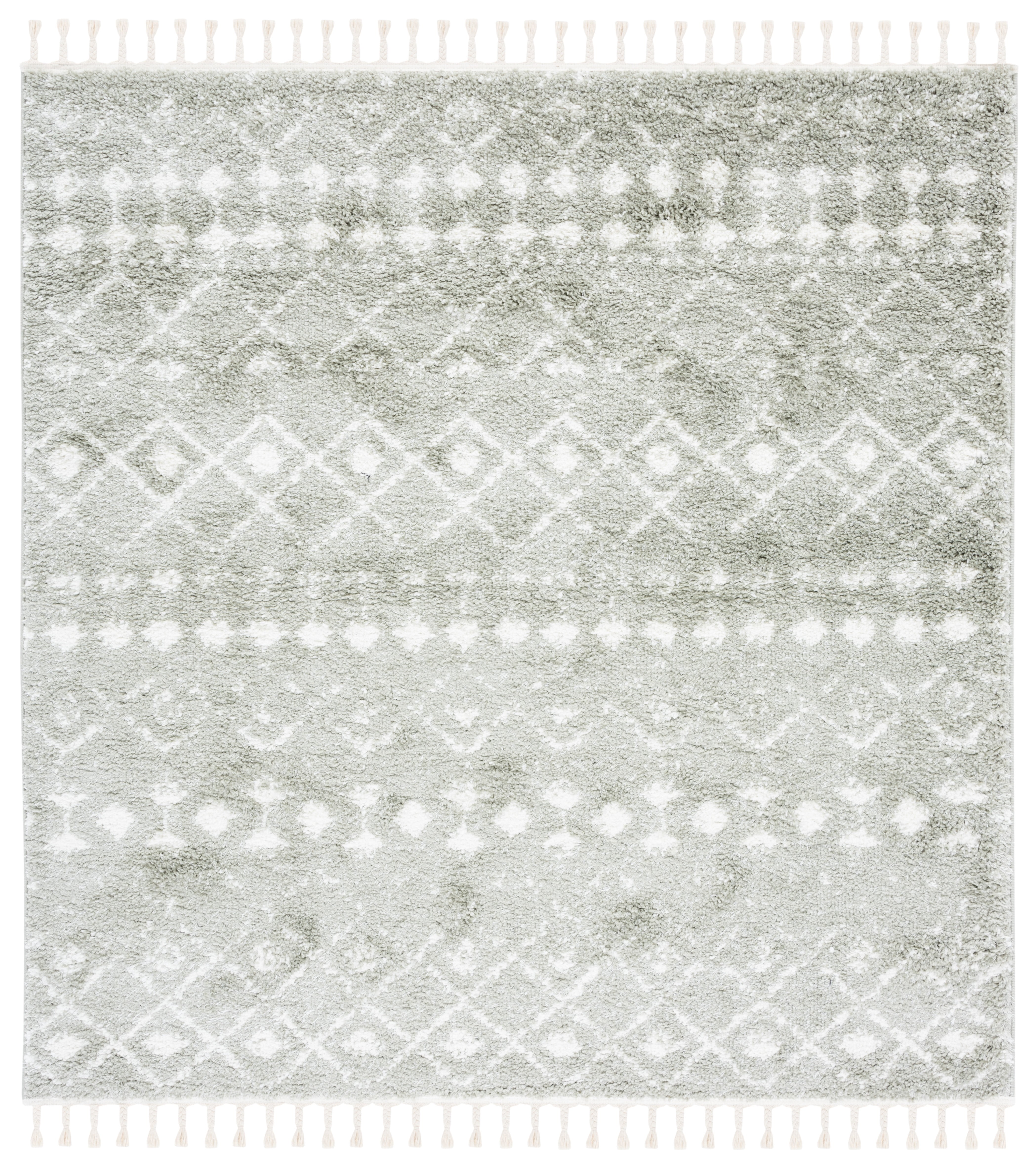 Sage and Ivory Synthetic Shag Rug with Fringe Detail