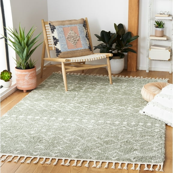 SAFAVIEH Berber Fringe Vinal Aztec Shag Area Rug, Sage/Ivory, 3' x 3' Square