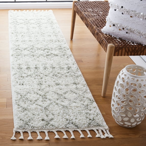 SAFAVIEH Berber Fringe Vinal Aztec Shag Runner Rug, Ivory/Sage, 2'2" x 8'