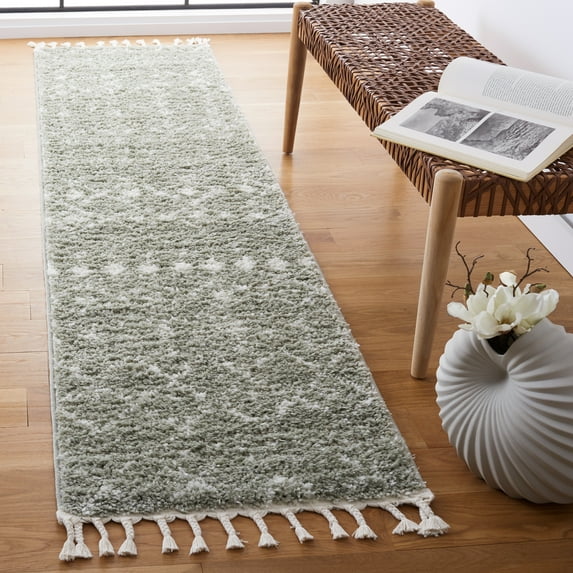 SAFAVIEH Berber Fringe Vinal Aztec Shag Runner Rug, Sage/Ivory, 2'2" x 6'