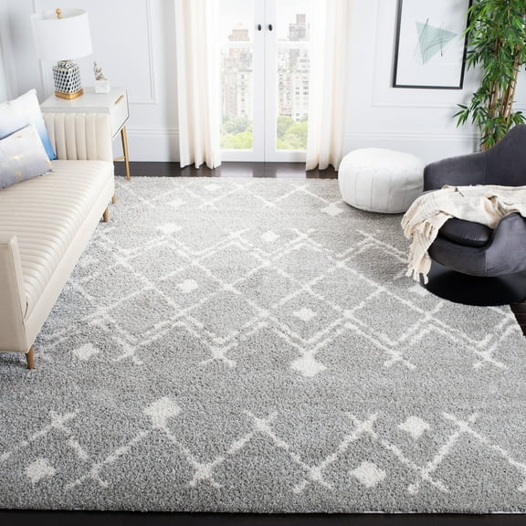 SAFAVIEH Berber Jilliean Geometric Shag Area Rug, Light Gray/Cream, 9' x 12'