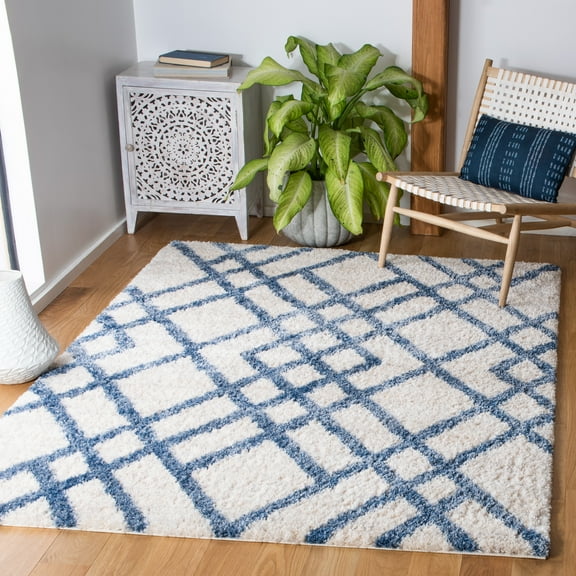 SAFAVIEH Berber Kyle Geometric Shag Area Rug, Ivory/Blue, 2' x 4'