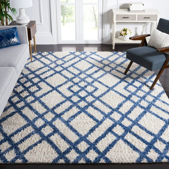 SAFAVIEH Berber Kyle Geometric Shag Area Rug, Ivory/Blue, 6'7" x 6'7" Square