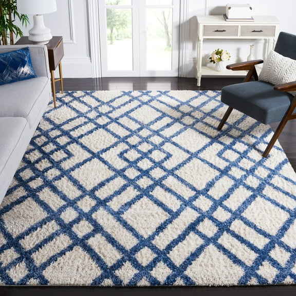 SAFAVIEH Berber Kyle Geometric Shag Area Rug, Ivory/Blue, 9' x 12'