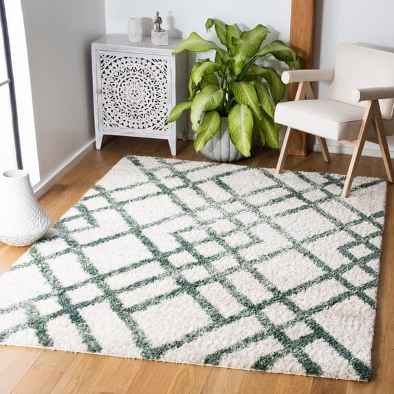 SAFAVIEH Berber Kyle Geometric Shag Area Rug, Ivory/Green, 9' x 12'