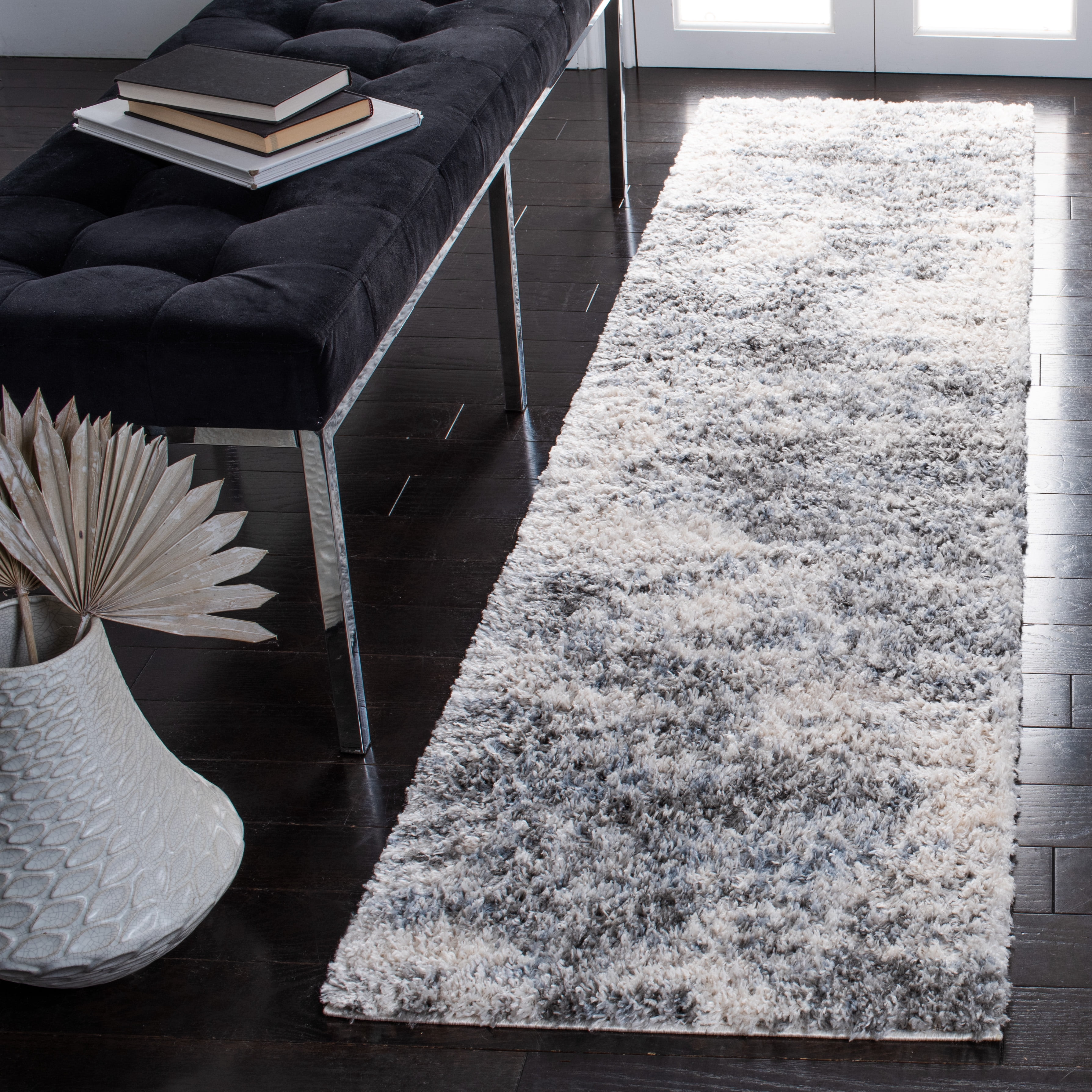 SAFAVIEH Berber Kyler Abstract Shag Runner Rug, Ivory/Gray, 2' x 12 ...